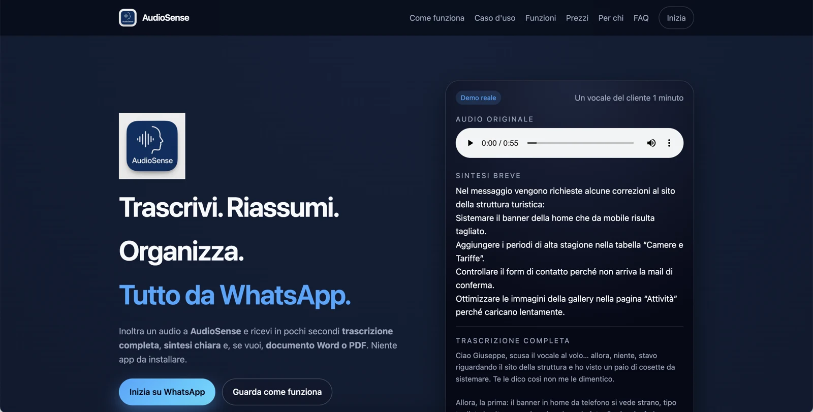 AudioSense website: WhatsApp voice notes, summaries and documents