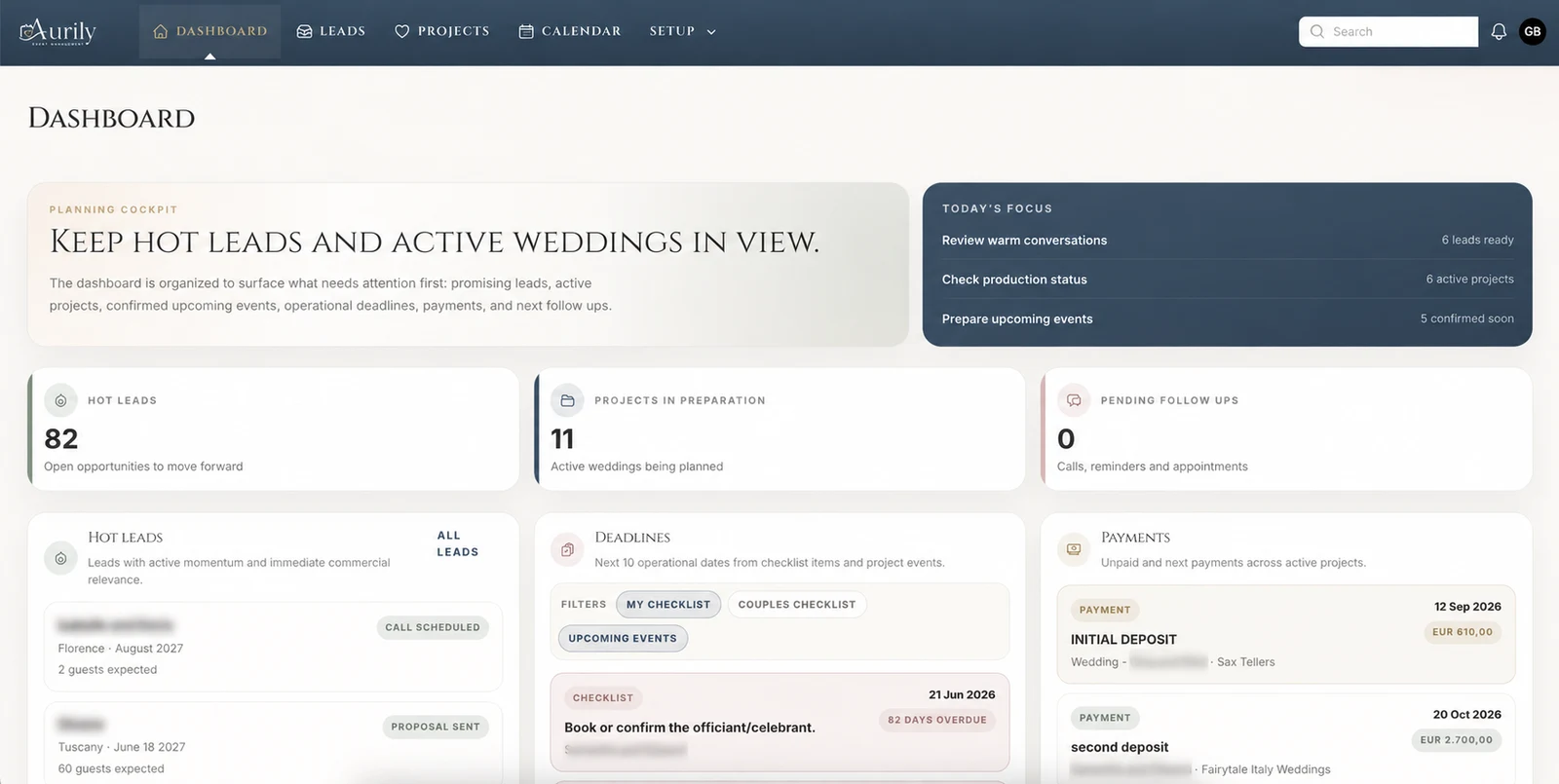 Aurily dashboard for leads, projects, deadlines and payments