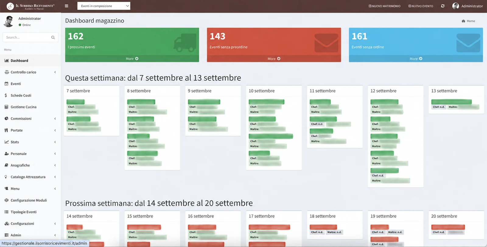 Catering management dashboard with event and warehouse planning